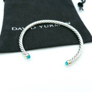 David Yurman Sterling Silver & 14k Gold 4mm Flex Blue Topaz Cable Bracelet 7inch